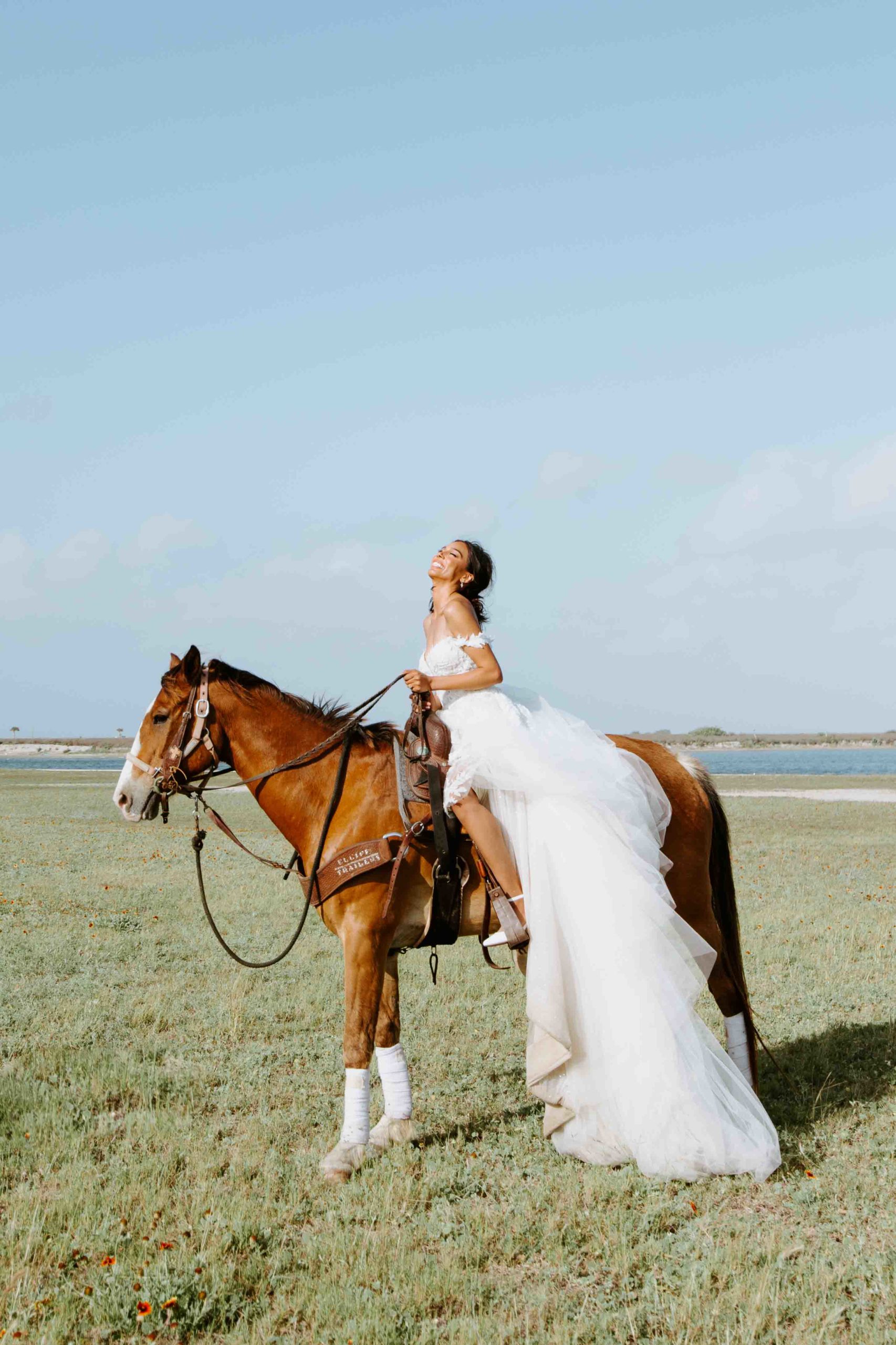 Beautiful bride laughs while she sits on a horse.
